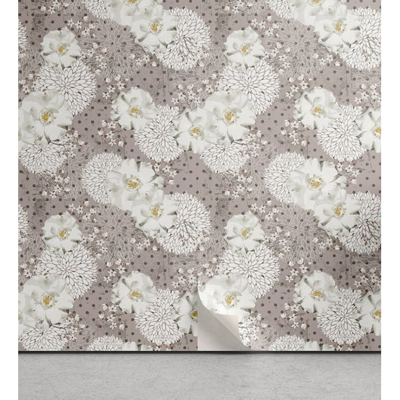 Ambesonne Flowers Vintage Peel & Stick Wallpaper for Home, Cottagecore Peony, 13"x100", Taupe Grey Off White