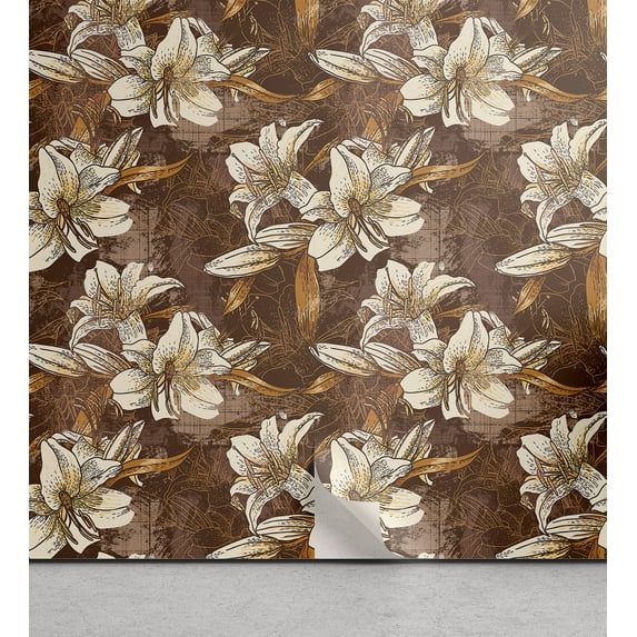 Ambesonne, Flowers Vintage Peel & Stick Wallpaper for Home, Exotic Jungle Lily, 13"x72", Dark Rosewood and Champagne