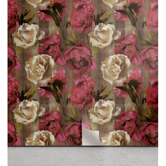 Ambesonne, Flowers Vintage Peel & Stick Wallpaper for Home, Nostalgic Peony Art, 13"x36", Hot Pink Champagne