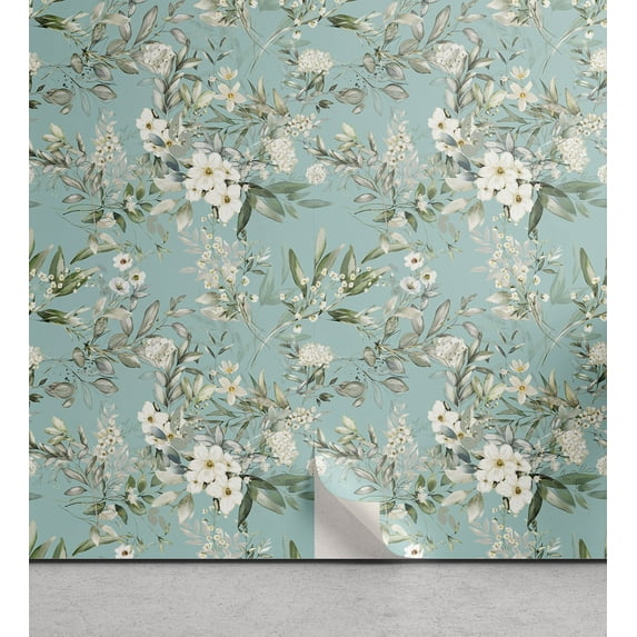 Ambesonne Flowers Vintage Peel & Stick Wallpaper for Home, Retro Floral Art, 13"x72", Almond Green Eggshell