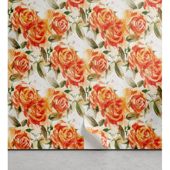 Ambesonne Flowers Vintage Peel & Stick Wallpaper for Home, Retro Rose Floral, 13"x100", Vermilion Peacock Green