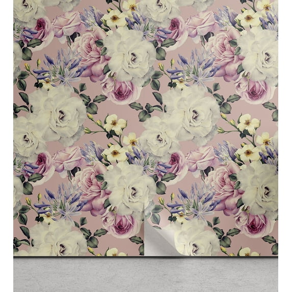 Ambesonne Flowers Vintage Peel & Stick Wallpaper for Home, Retro Rose Pattern, 13"x36", Ivory Pastel Pink