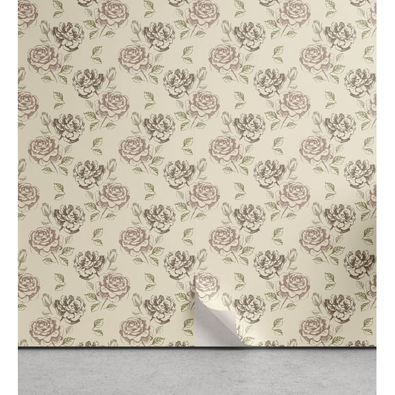 Ambesonne Flowers Vintage Peel & Stick Wallpaper for Home, Romance Rose Design, 13"x36", Pale Mauve Taupe Peach