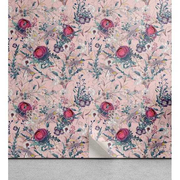 Ambesonne Flowers Vintage Peel & Stick Wallpaper for Home, Romantic Boho Bloom, 13"x36", Pale Pink Dark Coral