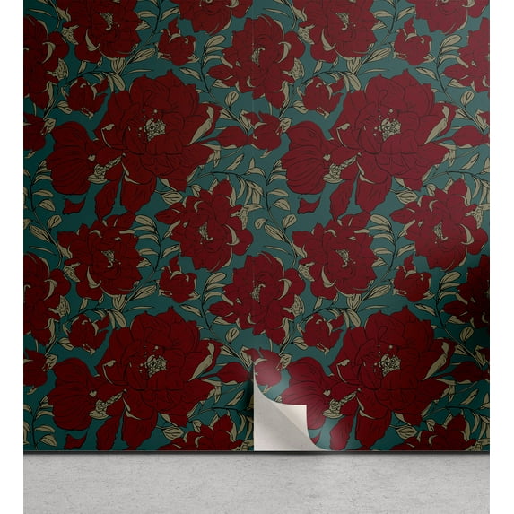 Ambesonne, Flowers Vintage Peel & Stick Wallpaper for Home, Simple Rose Floral, 13"x36", Sea Green and Burgundy