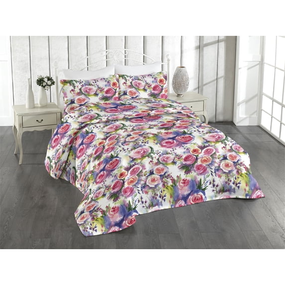 Ambesonne Flowers Vintage Quilted Bedspread Set 3 Pcs, Aquarelle Floral, King, Dark Coral Dark Lavender