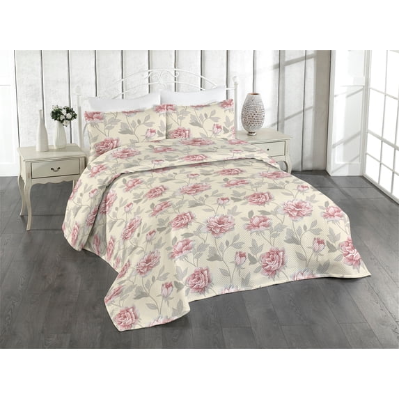 Ambesonne Flowers Vintage Quilted Bedspread Set 3 Pcs, Cottagecore Rose, Queen, Cream Pale Pink Blush