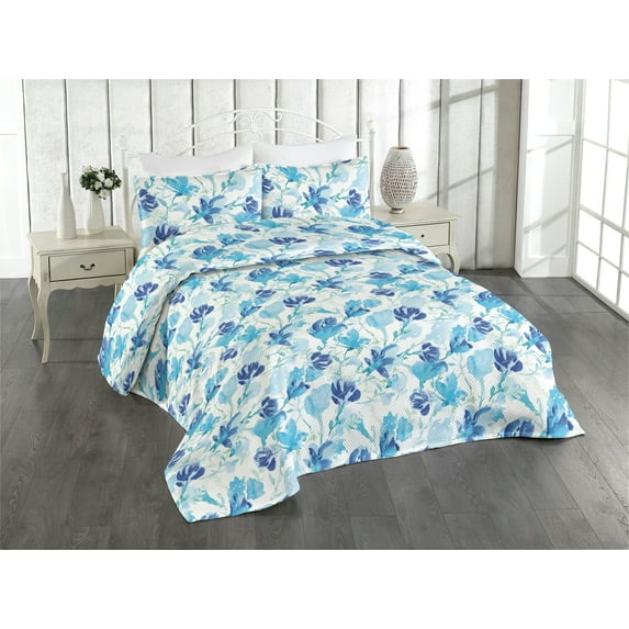 Ambesonne Flowers Vintage Quilted Bedspread Set 3 Pcs, Floral Watercolor, Queen, Sea Blue Lime Green White