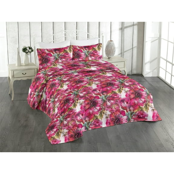 Ambesonne Flowers Vintage Quilted Bedspread Set 3 Pcs, Romantic Hibiscus, King, Hot Pink Olive Green
