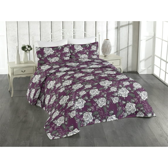 Ambesonne Flowers Vintage Quilted Bedspread Set 3 Pcs, Rose Design Romance, King, Dark Magenta Off White