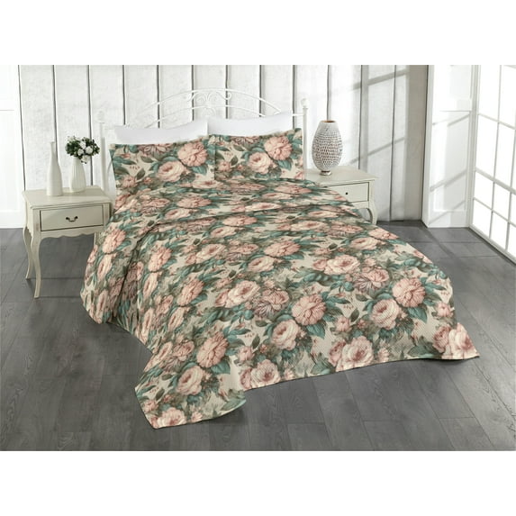 Ambesonne Flowers Vintage Quilted Bedspread Set 3 Pcs, Soft Colors Floral, King, Blush Cadet Blue Cream