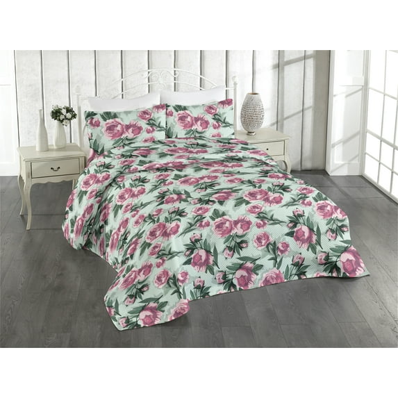 Ambesonne Flowers Vintage Quilted Bedspread Set 3 Pcs, Vintage Feels Roses, King, Almond Green Magenta Teal