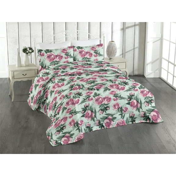 Ambesonne Flowers Vintage Quilted Bedspread Set 3 Pcs, Vintage Feels Roses, Twin, Almond Green Magenta Teal