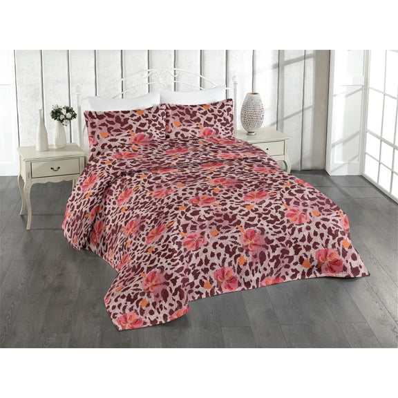 Ambesonne Flowers Vintage Quilted Bedspread Set 3 Pcs, Wild Floral Boho, Queen, Rose Dark Coral Vermilion