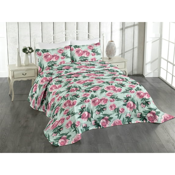 Ambesonne Flowers Vintage Quilted Coverlet 2 Pcs, Vintage Feels Roses, Twin Size, Almond Green Magenta Teal