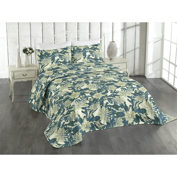 Ambesonne Flowers Vintage Quilted Coverlet 2 Pcs, Wild Jungle Boho, Twin Size, Avocado Green Cream