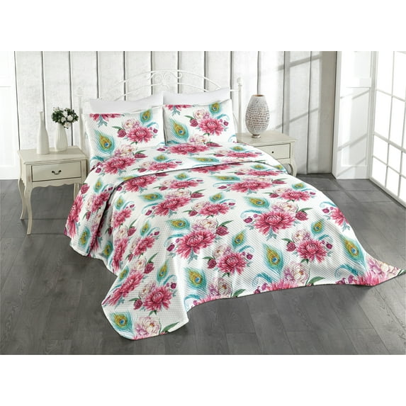 Ambesonne Flowers Vintage Quilted Coverlet 3 Pcs, Chrysanthemum Print, King Size, Almond Green Dark Pink