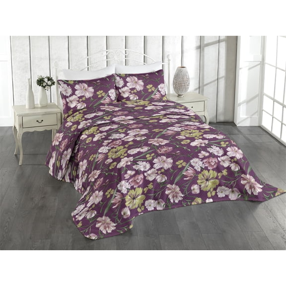 Ambesonne Flowers Vintage Quilted Coverlet 3 Pcs, Oil Painting Flower, Queen Size, Apple Green Blush Ruby