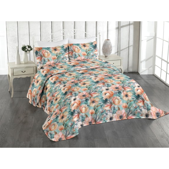 Ambesonne Flowers Vintage Quilted Coverlet 3 Pcs, Spring Colors Bloom, King Size, Coral Mint Green Teal