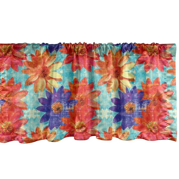 Ambesonne Flowers Window Valance, Grunge Rustic Effect Blooms, 42" x 18", Dark Coral Violet and Blue