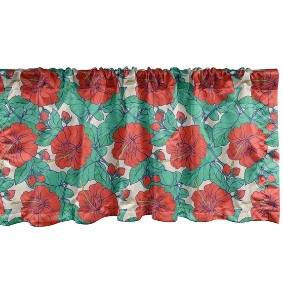 Ambesonne Flowers Window Valance, Hibiscus Blossom Tropic Art, 42" x 18", Scarlet Sea Green