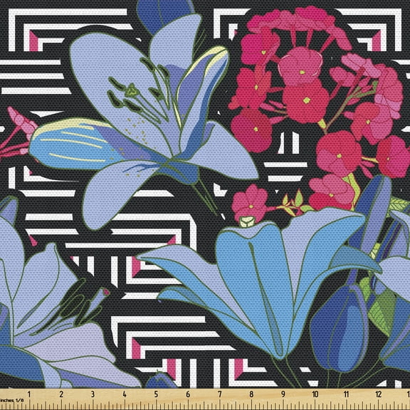 Ambesonne Flowery Art Fabric by the Yard Upholstery, Lilies and Pansies Art, 1 Yard, Dark Pink and Dark Ceil Blue