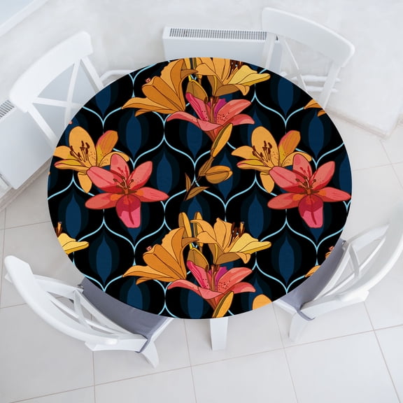 Ambesonne Flowery Art Fitted Round Tablecloth, Amaryllis on Moroccan, 40"- 44" Diameter, Coral Mustard and Night Blue