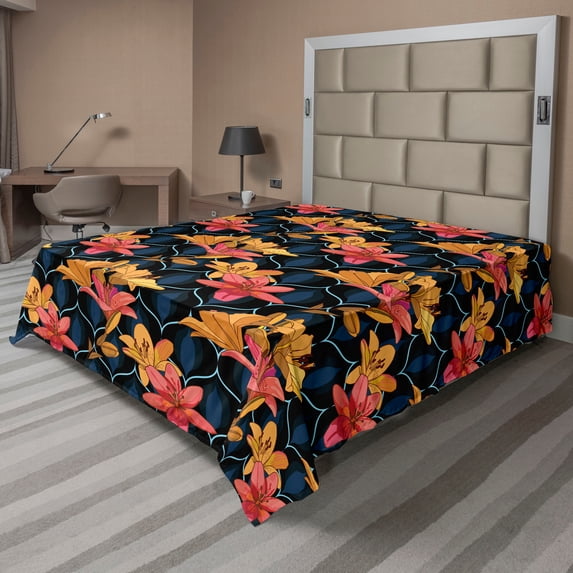 Ambesonne Flowery Art Flat Bedding Sheet Soft Top Sheet, Amaryllis on Moroccan, Queen, Coral Mustard and Night Blue