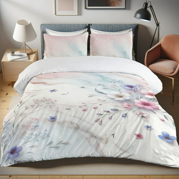 Ambesonne Flowery Duvet Cover Set, Wildflowers Mossy Marble, Calking, Lavender Blush Sage Green