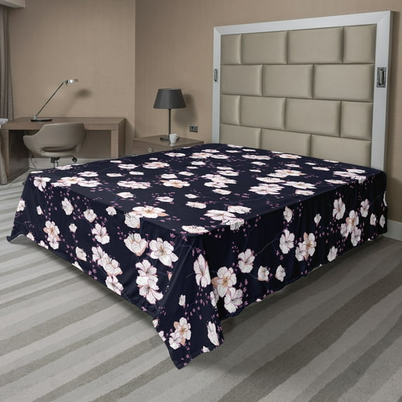 Ambesonne Flowery Flat Bedding Sheet Soft Top Sheet, Lilies of the Valley Night, Queen, White Pink Charcoal Grey