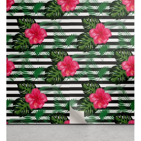 Ambesonne Flowery Peel & Stick Wallpaper for Home, Hibiscus on Stripes Hawaii, 13"x72", Dark Pink Green and Black