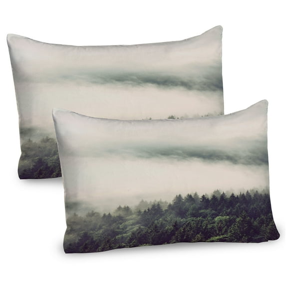 Ambesonne Fog Pillow Sham 2 Pack, Evergreen Trees Mountain Slopes, 36"x20", Reseda Green Dark Green