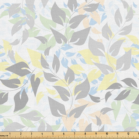 Ambesonne Foliage Fabric by the Yard Upholstery, Multicolored Leaf Patterns, 1 Yard, Pale Blue Pale Taupe
