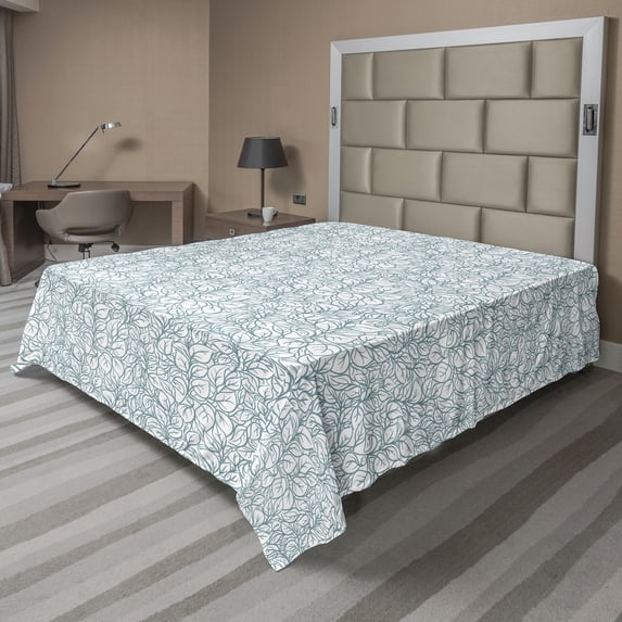 Ambesonne Foliage Flat Bedding Sheet Soft Top Sheet, Canopy Line Drawing Leaves, King, Laurel Green Coconut