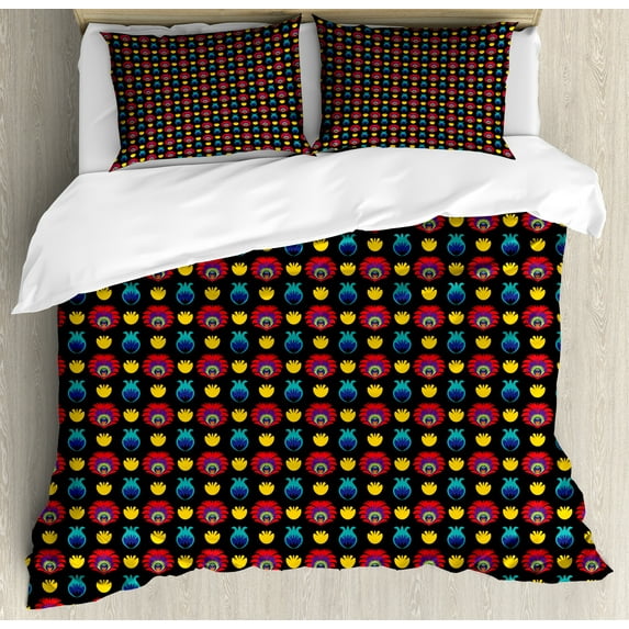 Ambesonne Folk Art Duvet Cover Sets, Polish Ornamentation Image, 2-King, Charcoal Grey and Multicolor