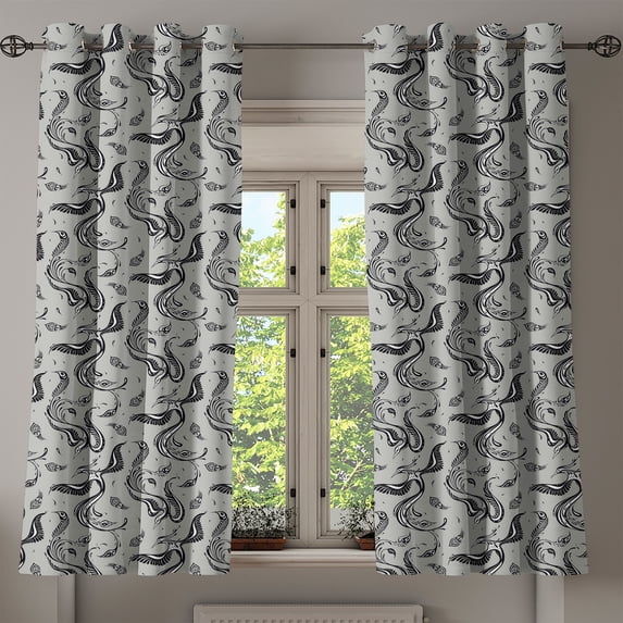 Ambesonne Folk Art Grommet Curtain, Bird Pattern Asian Style, 50"x60", Grey Black and White