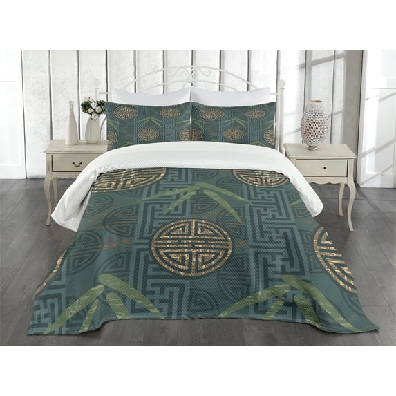 Ambesonne Folk Art Quilted Bedspread Set 3 Pcs, Eastern Ethnic Forms Motif, Queen Size, Ivory Teal and Tan