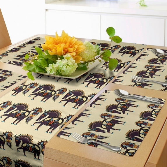 Ambesonne Folk Art Table Runner & Placemats, Ukrainian Karakoko Horse, Placemat 4 pcs + Runner 14"x90", Cream Multicolor