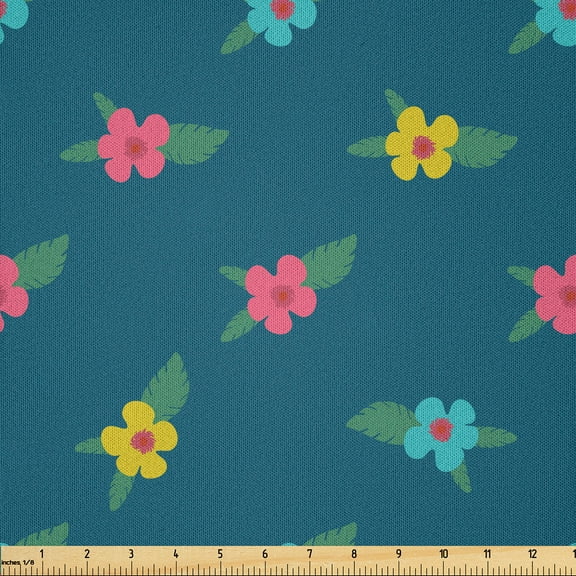Ambesonne Folk Blooms Fabric by the Yard Microfiber, Ethnic Colorful Petals, 1 Yard, Petrol Blue and Multicolor