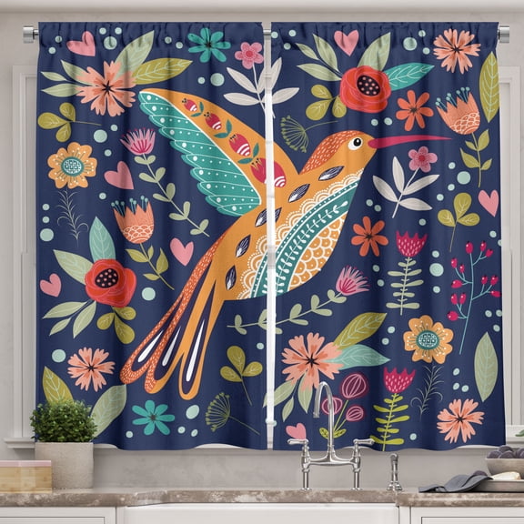 Ambesonne Folk Blooms Kitchen Curtains, Bohemian Hummingbird, 55"x39", Indigo Multicolor