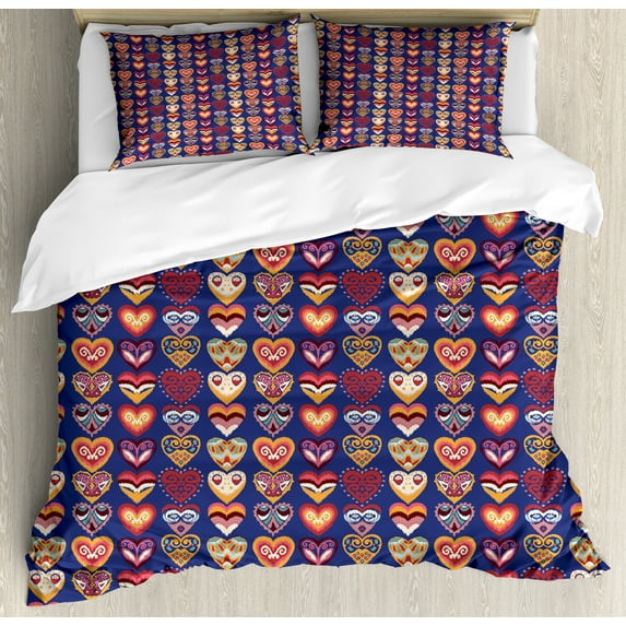 Ambesonne Folk Duvet Cover Set, Colorful Hearts Art, 2-Calking, Dark Lavender Multicolor