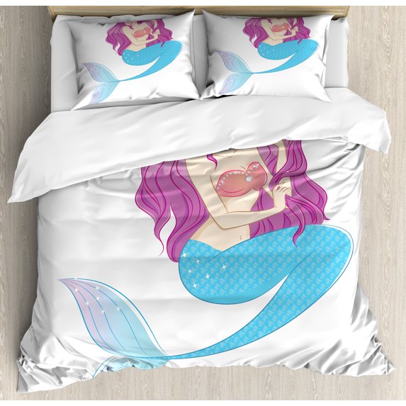 Ambesonne Folk Duvet Cover Sets, Mermaid with Pink Hair, 2-King, Turquoise Fuchsia White