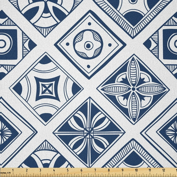 Ambesonne Folk Fabric by the Yard Microfiber, Spanish Traditional Ornaments, 3 Yards, Cobalt Blue and White