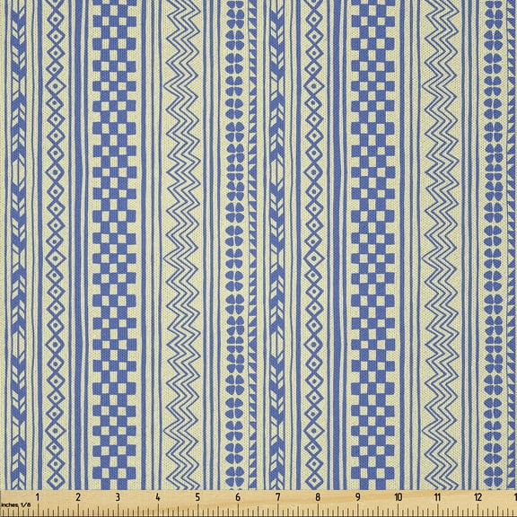 Ambesonne Folk Fabric by the Yard Microfiber, Vertical Chevrons and Strips, 1 Yard, Green Dark Ceil Blue