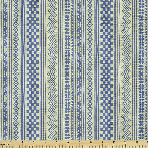 Ambesonne Folk Fabric by the Yard Microfiber, Vertical Chevrons and Strips, 3 Yards, Green Dark Ceil Blue