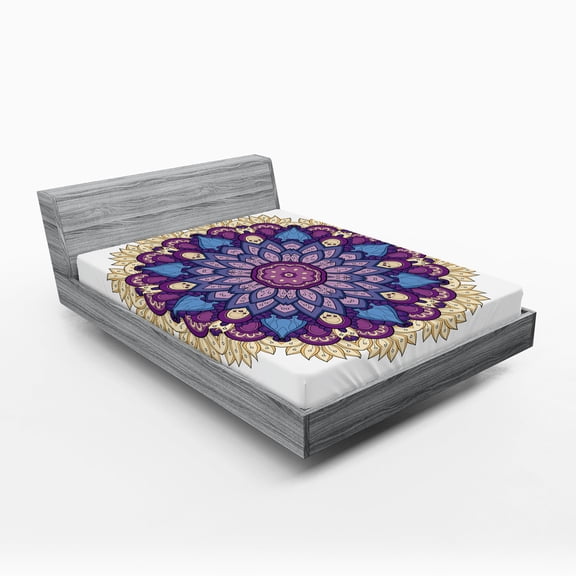 Ambesonne Folk Fitted Sheet, Floral Ornament Nature, Queen Size, Purple Yellow