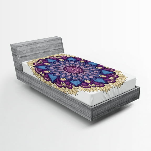 Ambesonne Folk Fitted Sheet, Floral Ornament Nature, Twin Size, Purple Yellow