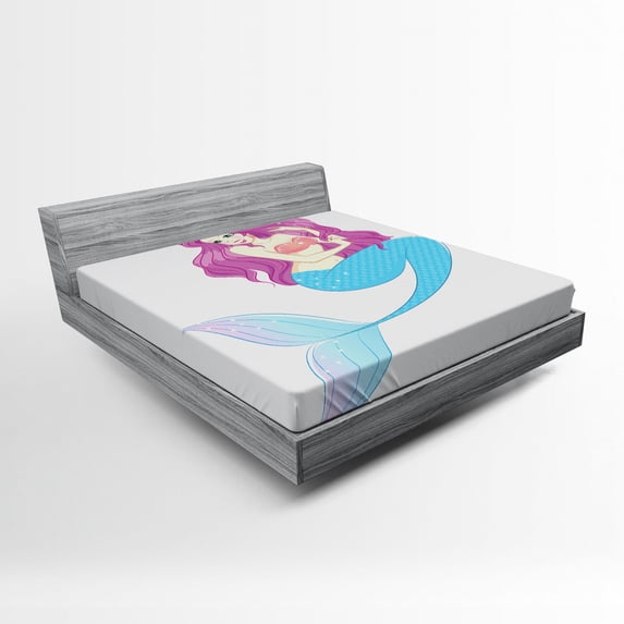 Ambesonne Folk Fitted Sheet, Mermaid with Pink Hair, Full Size, Turquoise Fuchsia White