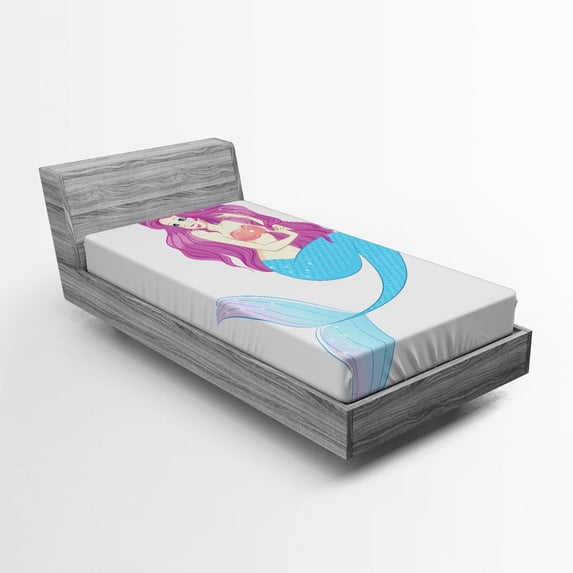 Ambesonne Folk Fitted Sheet, Mermaid with Pink Hair, Twin XL Size, Turquoise Fuchsia White