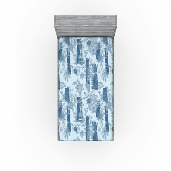 Ambesonne Folk Floral Fitted Sheet, Boho Flowers Geometric, Twin Size, Pale Blue and Dark Sky Blue